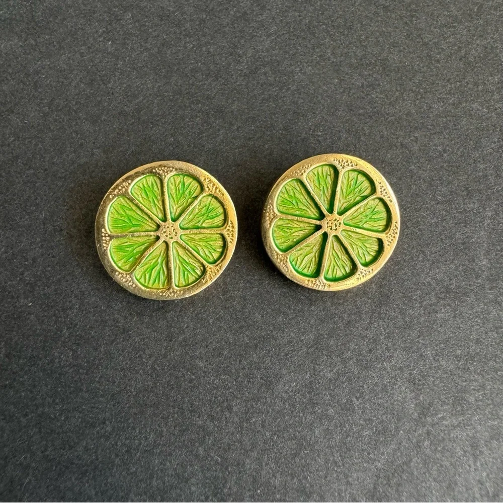 Napier Lime Slice Brooch & Earrings Set Green Gold Fruit Jewelry Vintage Clip On